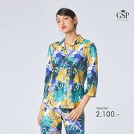 GSP Womans shirt Tropical Monstera เสื้อผู้หญิง แขนสามส่วน สีน้ำเงินเขียว PBACNV