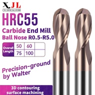 XJL R0.5-R5.0 Ball Nose Carbide End Mill HRC55 Milling Cutter 2 Flute For Steel 50L 60L 75L 100L CNC