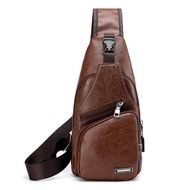 JX.PH Men Chest Bag Fashion Leather Sling Shoulder Bag Wearproof  Water Resistant Crossbody Bag with USB Charging Port Brown Anti Theft Sling Bag