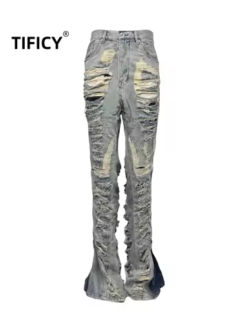 RICK RO Denim Pants Men's Style Dark Double Line 23SS Distressed Wash and Distressed Flared Casual F