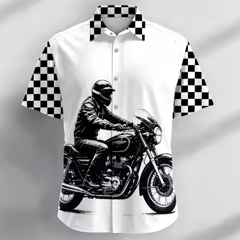Men's Vintage Motorcycle Rider Print Short Sleeve Shirt, Casual Biker Button Up Shirt for Spring & S