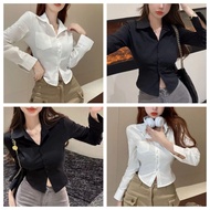 White Long-Sleeved Shirt S-3XL jk Short Design Slim-fit Narrow-Waisted Long Chic Top Super Hot Cotto