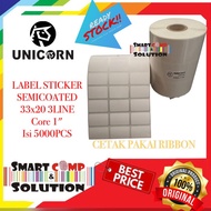 33x20mm 3line 5000pcs SemiCoated gap core 1" Label sticker UNICORN