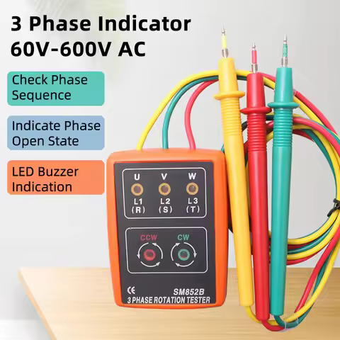 SM852B 3 Phase Rotation Tester, 60V~600V Digital Phase Indicator Detector, LED Buzzer Phase Sequence