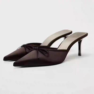 Spain 2025 ZARAˉ Spanish Summer New Brown Pointed Satin Bow Embellished Heeled Mule Shoes Shallow Mo