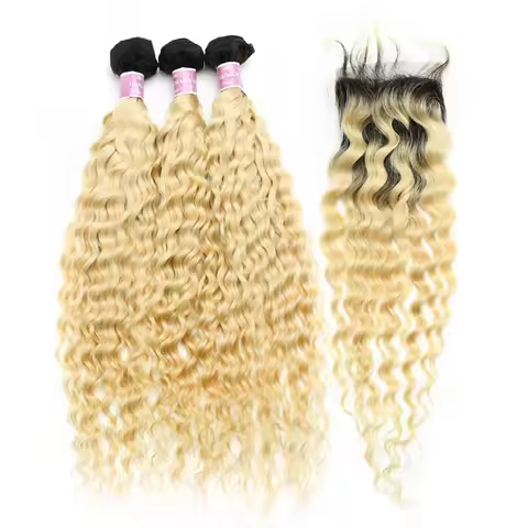 Diva Me 1B 613 Blonde Ombre Deep Wave Bundles with Closure 8 - 30 Inch Brazilian Remy Hair 2 3 4 Bun