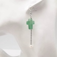 珍珠十字架水晶信仰耳環 長版垂墜耳洞式 925純銀鍍白金 5色選1