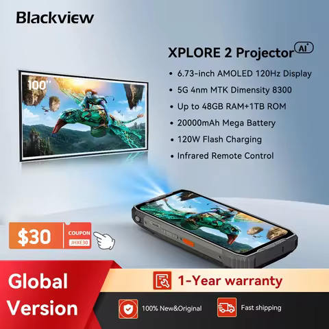 Blackview XPLORE 2 Projector 5G AI Rugged Smartphone, 6.73" 3.2K AMOLED Display, 50MP Camera, 20000m
