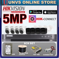 HIKVISION 5MP Full Set HIK 8-CHANNEL  CCTV 8CH DVR(UP TO 5MP)+Camera + Hard Disk + Power Supply + 25
