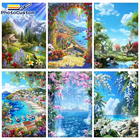 PhotoCustom Colorful Houses Paint By Numbers Frame Diy Gift Landscape Paint for Painting Create Wall