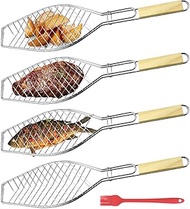 Set of 4 Fish Roasters, Fish Grill Holder with Wooden Handle, Stainless Steel Fish Grill Grid with O