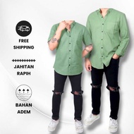 HIJAU KATUN KEMEJA Men's Sage Plain Shirt Long Sleeve Hem Adult Basic Cotton Sage Green Denim Short 