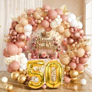 50th Retro Pink Happy Birthday Balloon Set with Skin Metallic Gold White Balloons and 32inch Number 