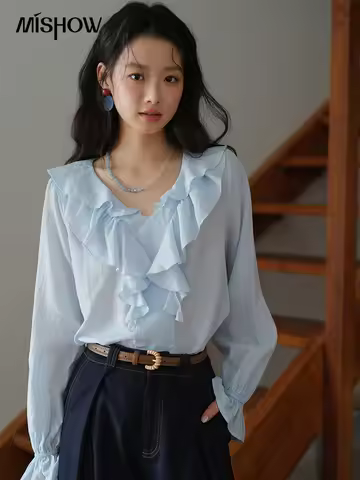 MISHOW Blue Lyocell Ruffled Shirt 2025 Autumn V-neck Flared Sleeves V-neck Shirts Commuting Elegant 