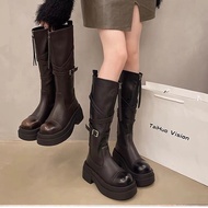 [Available 36] Women's boots with high collar below the knee, front buckle, personality belt, 6cm hi