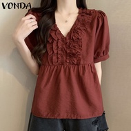 VONDA เสื้อหลวมลำลองผู้หญิงแข็งขอบคอวีเสื้อเชิ้ตผู้หญิงแขนพองเชื้อรา (ลำลองเกาหลี)