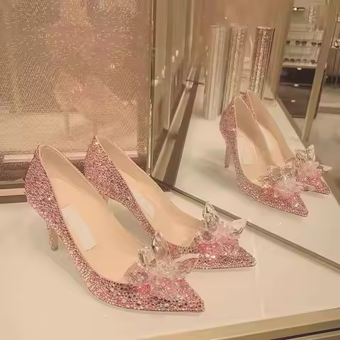 Rhinestone High Heels Women Pumps Newest Cinderella Shoes Pointed toe Woman Crystal Party Wedding Sh