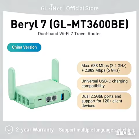 GL.iNet GL-MT3600BE(Beryl 7) Dual-band Wi-Fi 7Wireless 2.5G Router,Mini Portable Routers WiFi for Ca