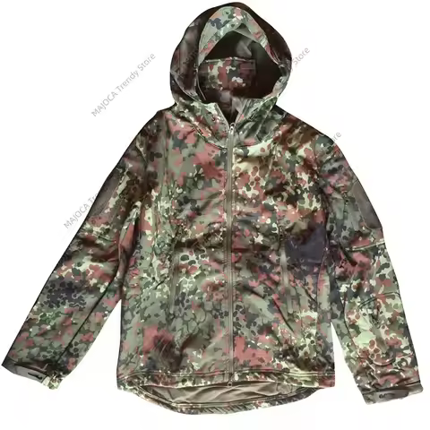 German Flecktarn Camo Uniform Jungle Softshell Jacket TAD-fit Fleece Hooded Trench Coat