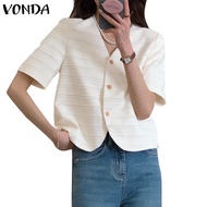 VONDA Women Korean Buttons Puff Sleeves Short Sleeves V-Neck Blazer