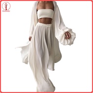 fulaide 3 Pcs/Set Women Pants Coat Suit Solid Color Waist-exposed Long Sleeve Coat Lantern Sleeves W