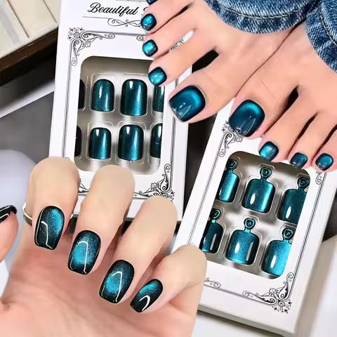 48Pcs Blue Cat's Eye Feet Hands Press on Toenails Kit 2Pack Short Square Finger Fake Nails & Toe Nai