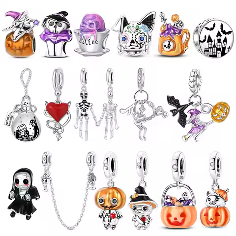 925 Sterling Silver Halloween Witch Pumpkin Poison Elements Charms Pendant Fit Original Charm Bracel