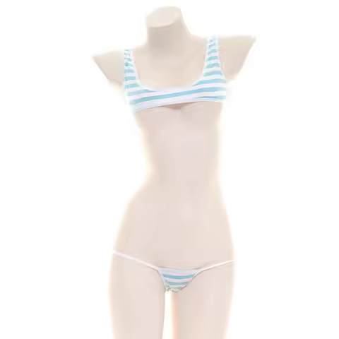 Blue White Stripe Bikini Swimsuit Striped Halter Micro Bikini Set Lolita Swimsuit Backless String Ti