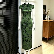 Muslimah New Chinese Green Floral Velvet Cheongsam Dress Short Sleeve Baju Wanita