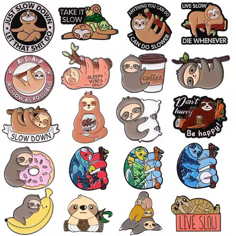 Cartoon Sloth Enamel Brooch Lapel Pin Just Slow Down Coffee Doughnut Banana Snow Mountain Scenery Cu