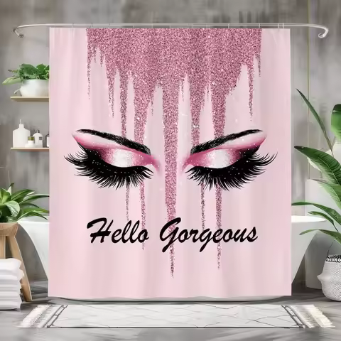 Hello Gorgeous Shower Curtain, Glam Bathroom Decor, Pink Glitter Waterproof Fabric Curtain, Eyelashe