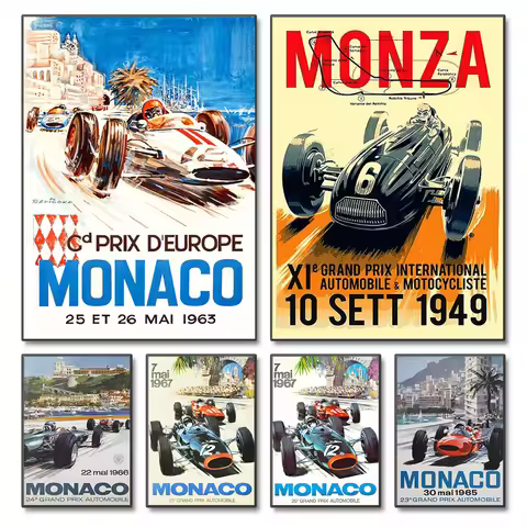 Vintage Car Races Monaco Prix F1 Racing Poster Canvas Painting F1 Grand Prix Edition Racing Wall Art