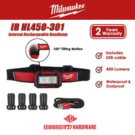 MILWAUKEE IR HL450-301 Internal Rechargeable Headlamp 450 Lumens Water & Dust Protected IRHL450-301 