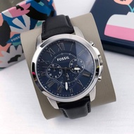 Fossil FS4990 Grant Chronograph Watch with Blue Dial and Silver Stainless Steel Case in Black Leathe