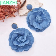 JIANZPH Denim Blue Fabric Earrings, Denims Ornament Blue Rose Earrings, Handmade Exaggerate Flower E