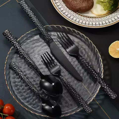 Luxury 5pcs Stainless Steel Cutlery Set Hammered Steak Knife Fork Spoon Western Dining Tableware for