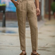 British Style Men Gurkha Linen Pant High Waist Straight Ankle-Length Pants Spring Summer High Qualit