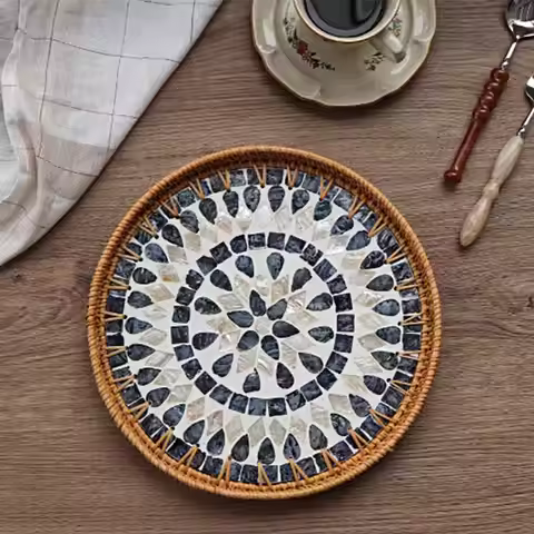 Hand Woven Mosaic Tray Decorative Round Rattan Serving With Mother Of Pearl Inlay For Snacks Dried F