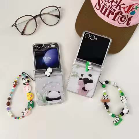 3D Panda Cute Cat Wrist Strap Phone Case for Samsung Galaxy Z Flip 7 FE 6 5 4 3 Flip7 Flip6 Hinge Pr