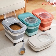 ALISOND1 Dog Food Storage Container, Transparent Flap Collapsible Cat Dry Food Box, Portable with Wheels Plastic Large Capacity Pet Food Storage Barrel Home