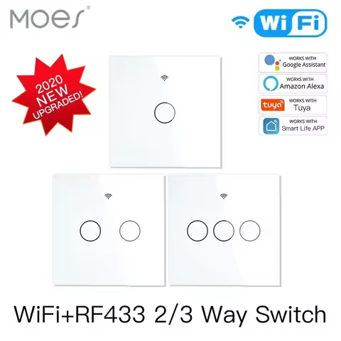 MOES NEW WiFi RF433 Smart Touch Switch 2/3 Way Smart Life/Tuya App Control,Alexa Google Home Voice C