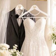 Bride & Groom Wedding Hanger Set, White Wooden Wedding Dress & Suit Hangers With Gold Hooks And Pear