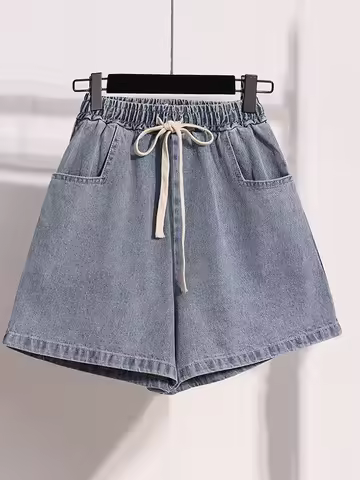 Denim Shorts For Women 2024 Summer New Arrivals Drawstring Blue Color Mini Jeans Shorts With Pockets
