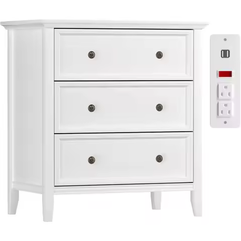 Solid Wood Nightstand with Power Outlet White 3-Drawer Bedroom Cabinet 16.8"D X 27.6"W X 26.8"H Sing