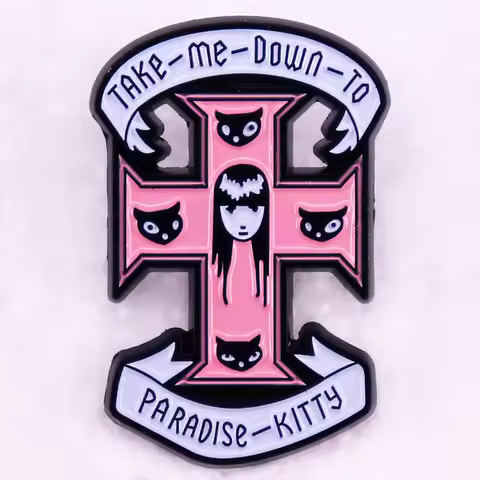 Emily the Strange Take Me Down To Paradise Kitty badge Enamel Pin PINK CROSS brooch jewelry