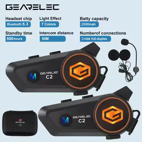 GEARELEC C2 Motorcycle Helmet 5.3 Bluetooth Intercom Headset 50m 2-Rider IP67 Waterproof BT Wireless