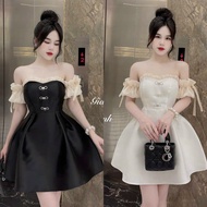 BIGSIZETIX Lady's party dress designed with off-the-shoulder ruffles and luxurious stone bows, 50-90