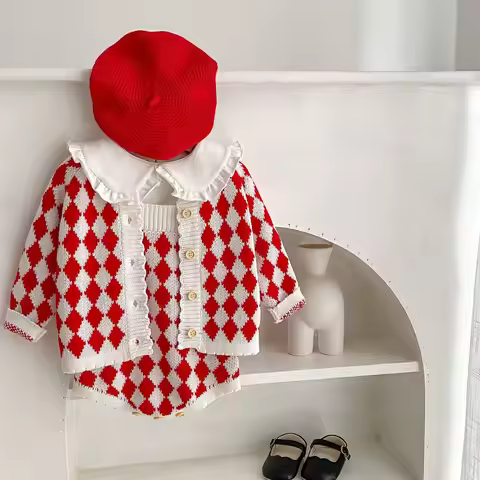 Baby Argyle Cardigan Jumper Red and White Cute Infants Knitwear Festival Christmas Knitted Outfits