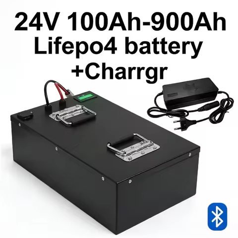 24V LiFePO4 Battery Pack (100Ah-900Ah) | Built-in BMS | Includes Smart Charger | For RV, Solar, Mari