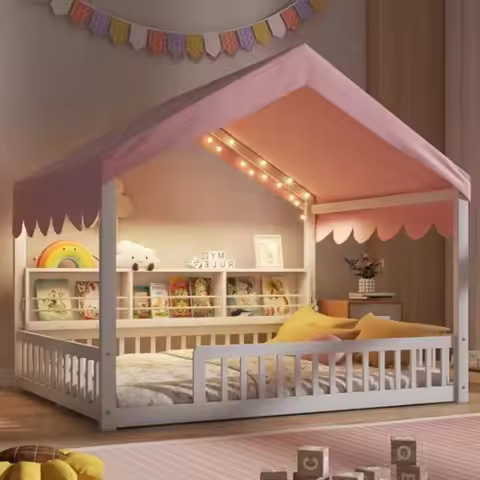 Full Size Montessori Floor Bed for Toddler, House Shaped Full Bed Frame with Safety Guardrail, Curta